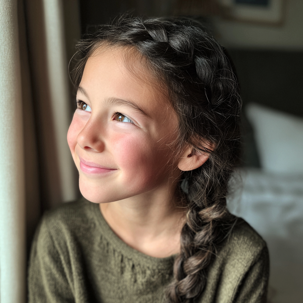 Ein lächelndes kleines Mädchen mit geflochtenem Haar | Quelle: Midjourney