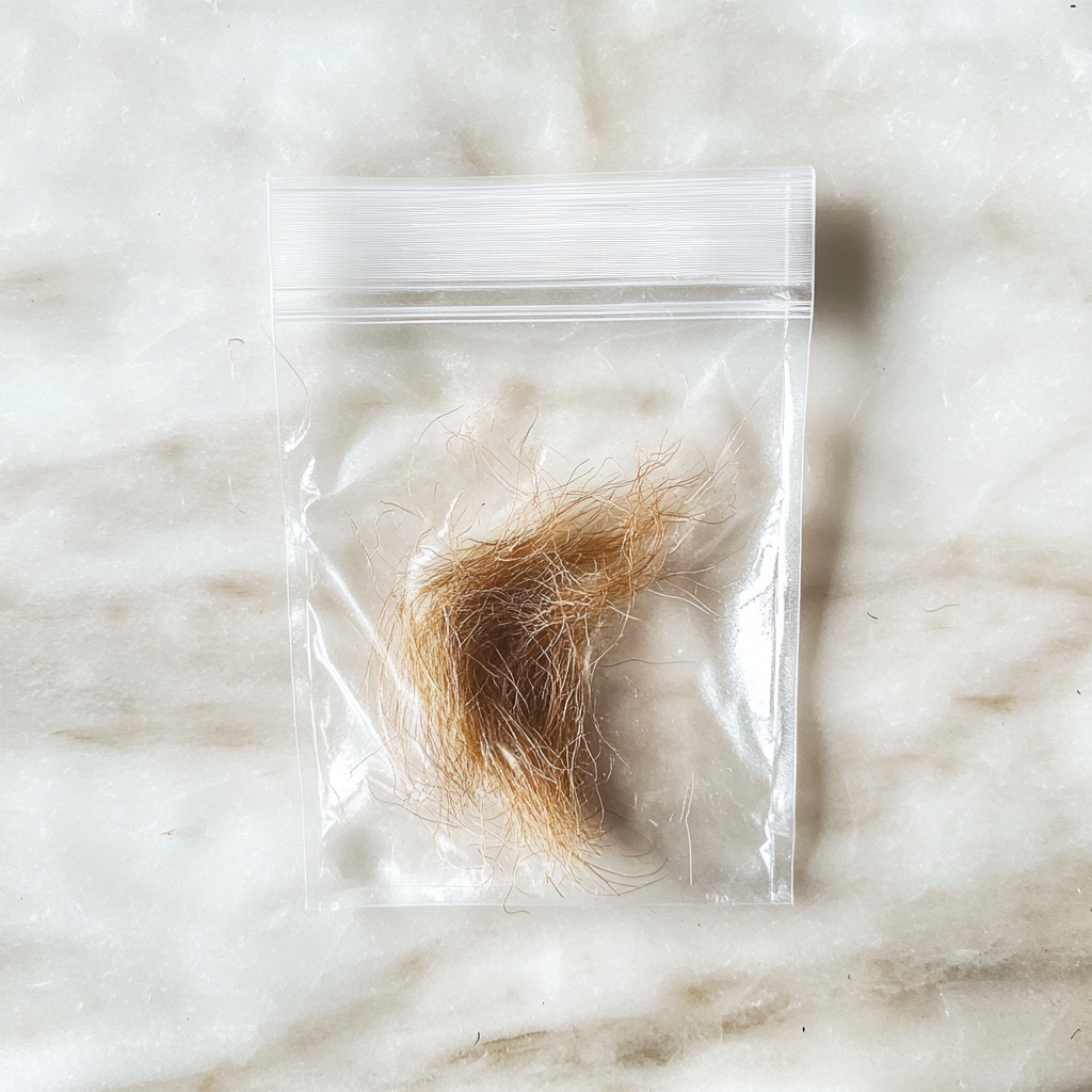Plastiktüte mit Haarsträhnen | Quelle: Midjourney