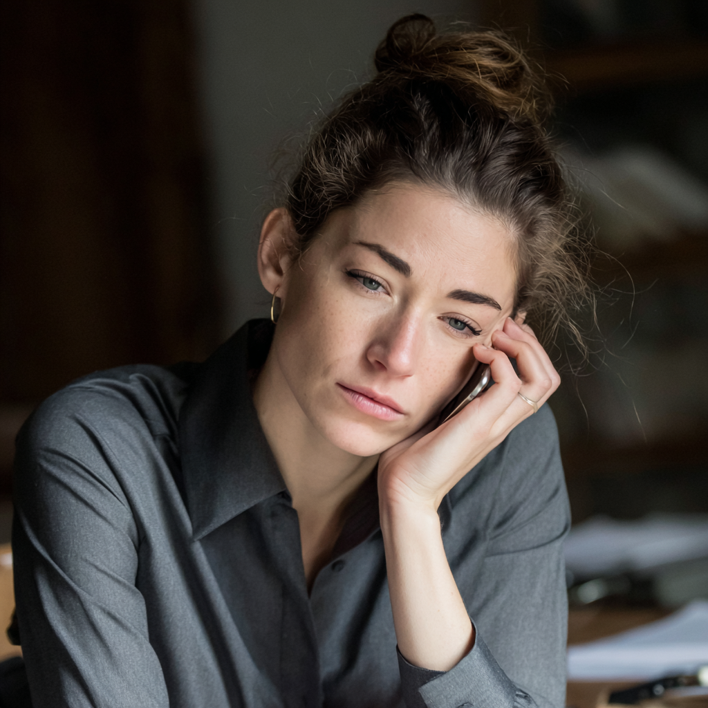 Eine müde Frau am Telefon | Quelle: Midjourney