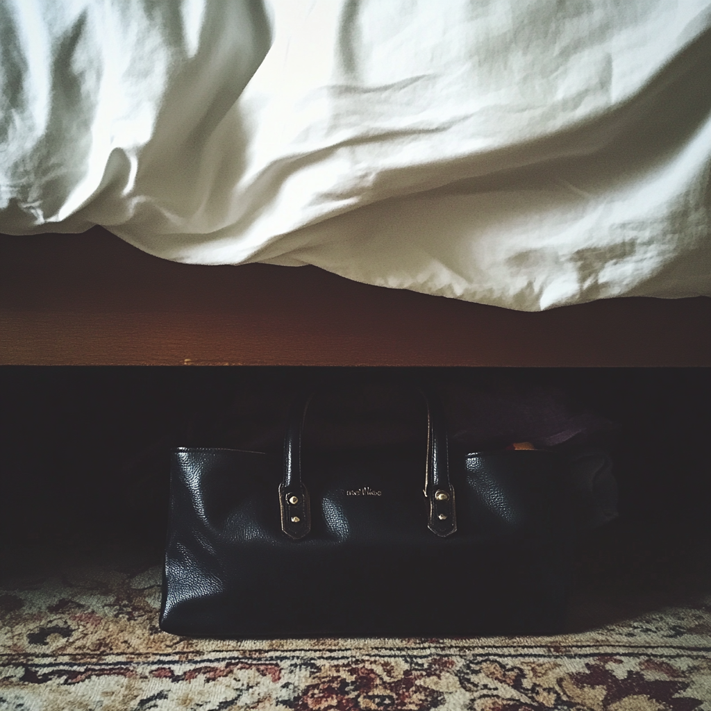 Eine schwarze Handtasche unter einem Bett | Quelle: Midjourney