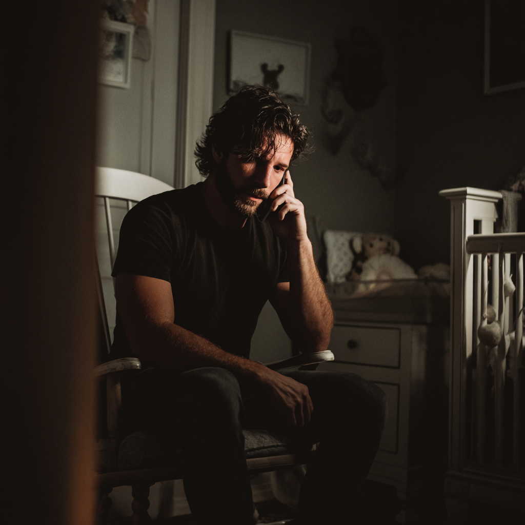 Ein Mann sitzt auf einem Schaukelstuhl in einem Kinderzimmer | Quelle: Midjourney