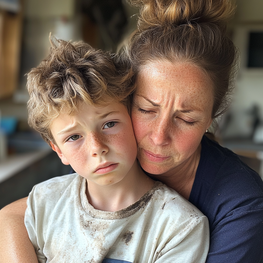 Eine aufgeregte Mutter und ihr Sohn halten sich gegenseitig fest | Quelle: Midjourney