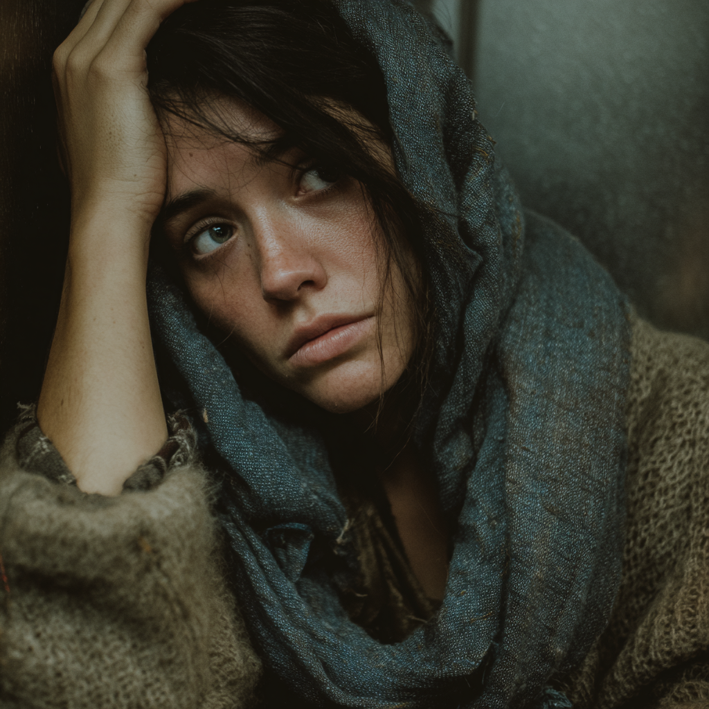 Eine emotionale Frau mit ihrer Hand auf dem Kopf | Quelle: Midjourney