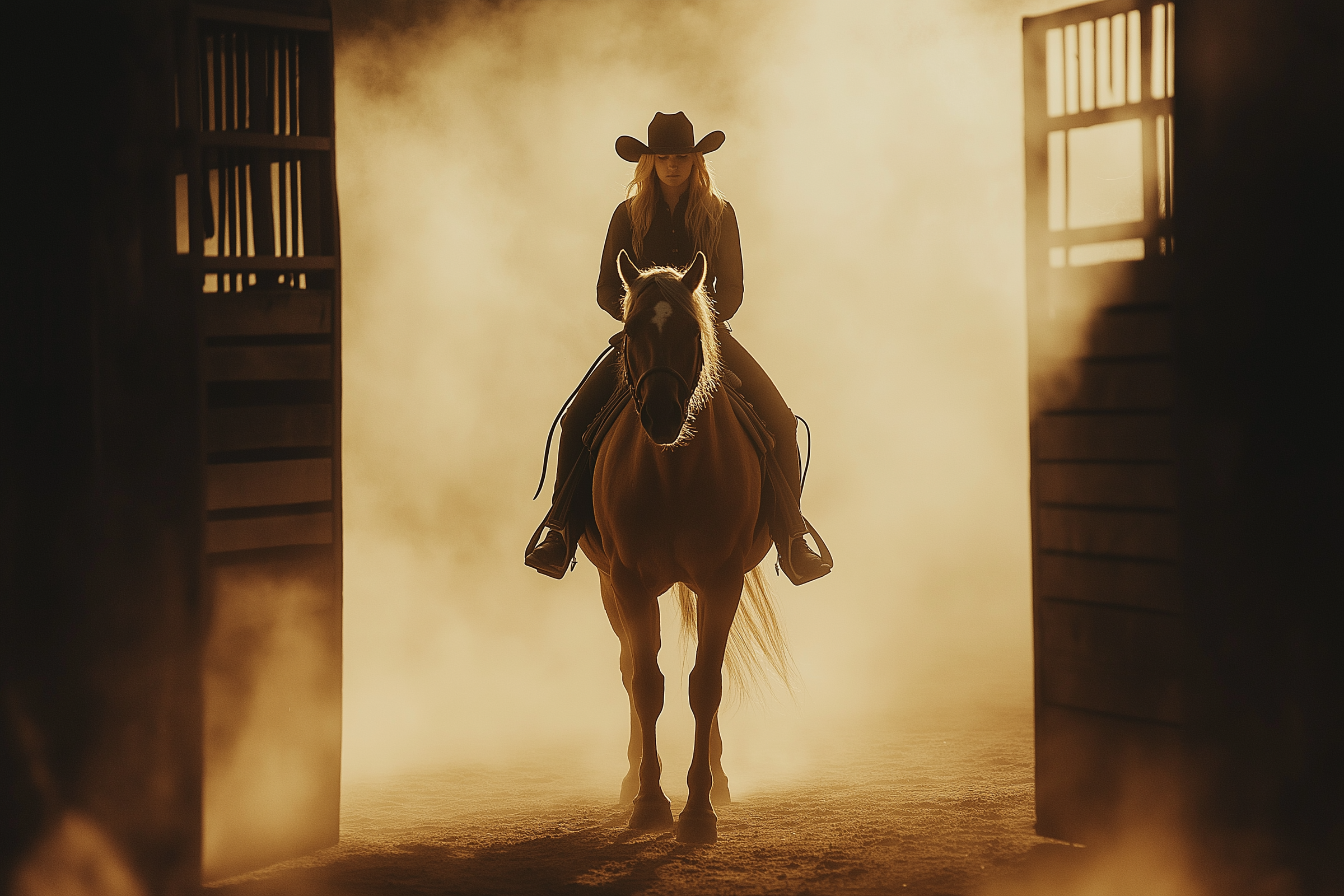 Eine Frau reitet auf einem Pferd in eine Arena | Quelle: Midjourney