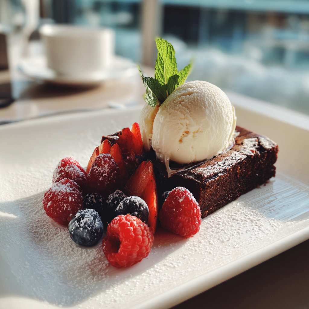 Ein Schokoladen-Brownie und Eiscreme | Quelle: Midjourney