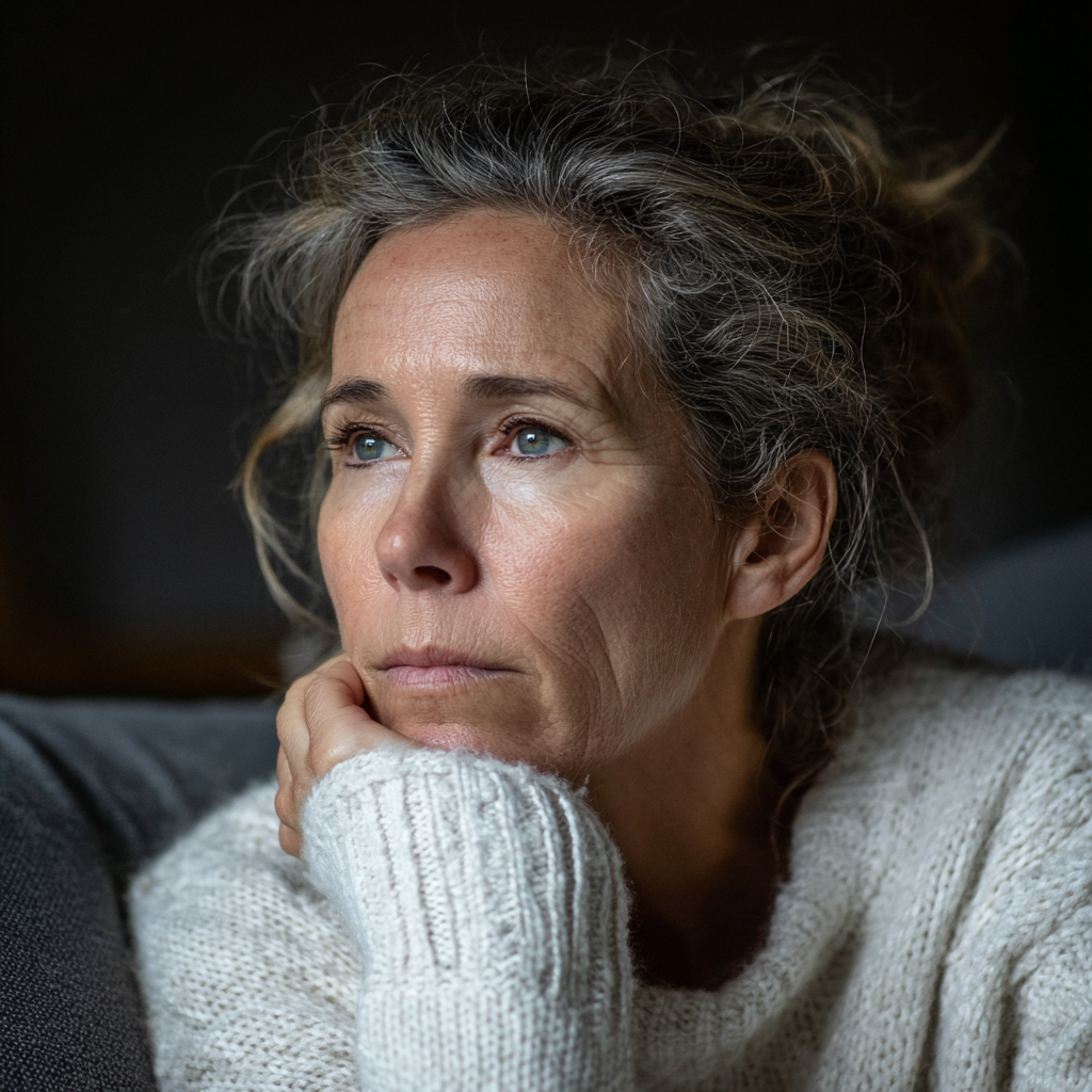Eine nachdenkliche Frau sitzt auf einer Couch | Quelle: Midjourney