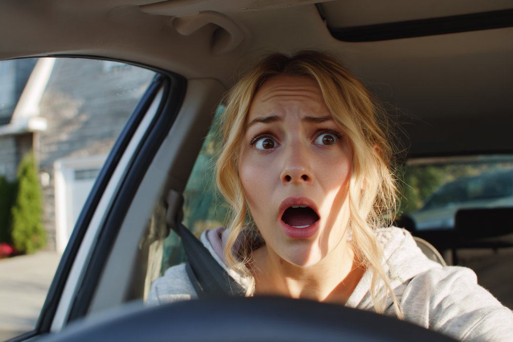 Eine geschockte Frau sitzt in ihrem Auto | Quelle: Midjourney