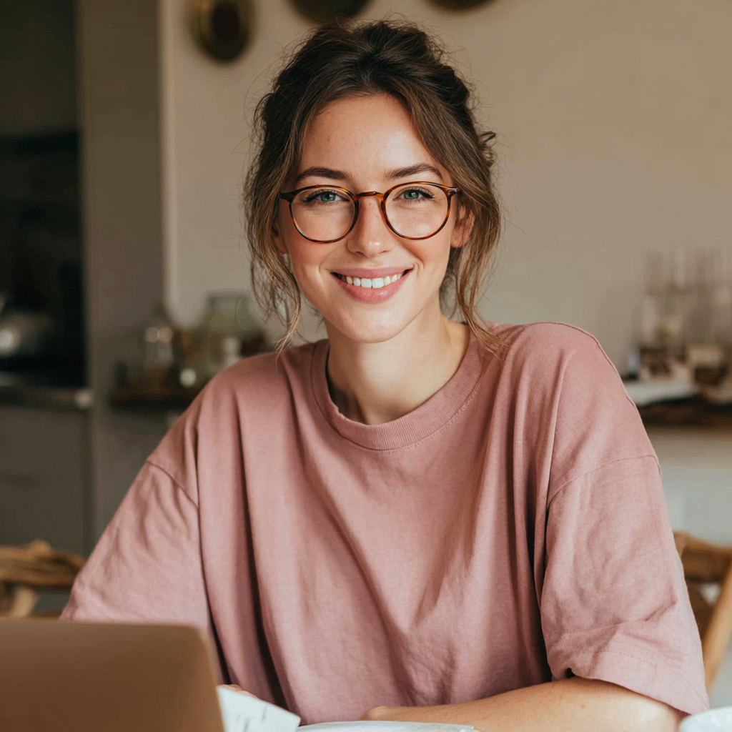 Eine lächelnde Frau an ihrem Laptop | Quelle: Midjourney