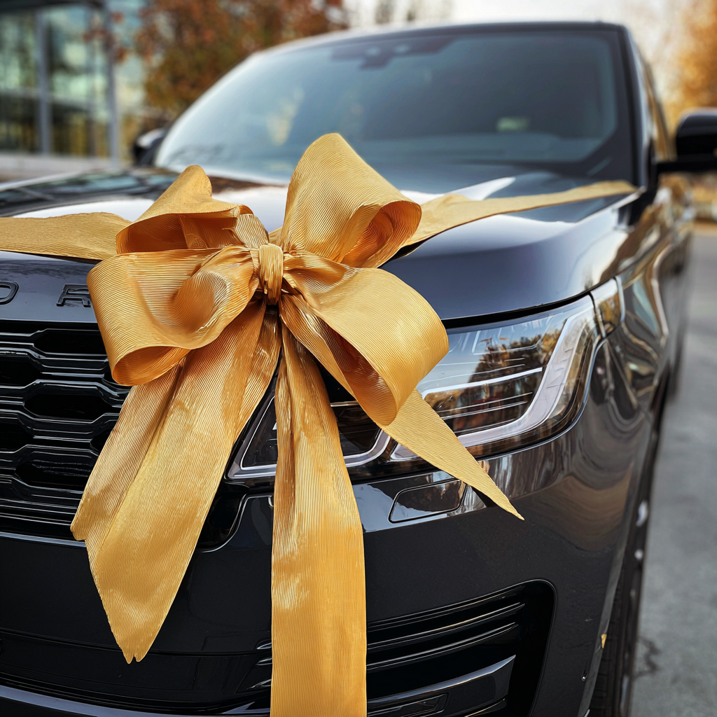 Ein goldenes Band, das an einen schwarzen SUV gebunden ist | Quelle: Midjourney