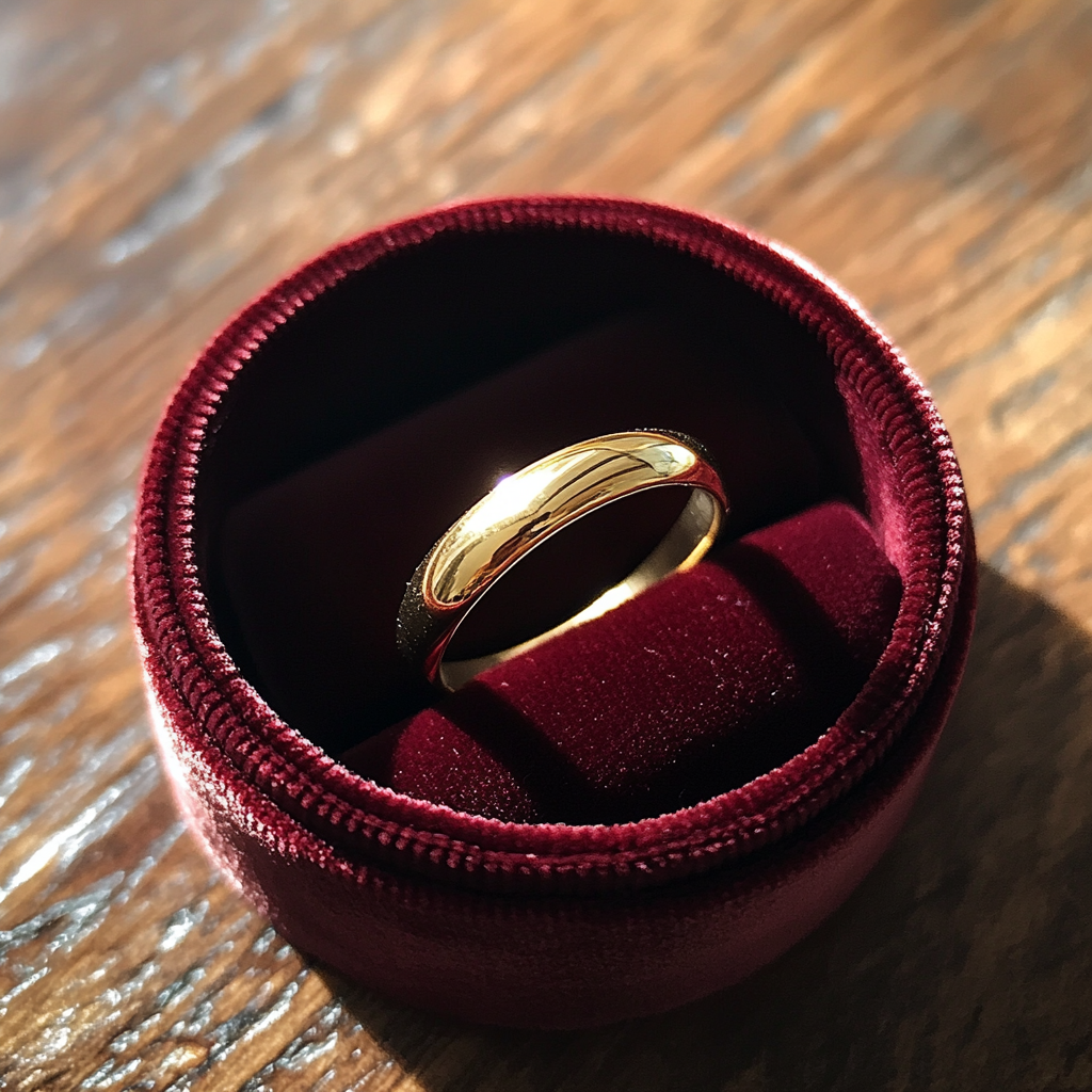 Ein goldener Ehering in einer Samtbox | Quelle: Midjourney