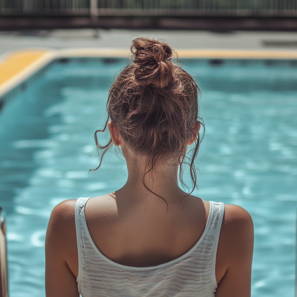 Frau steht neben dem Schwimmbad | Quelle: Midjourney