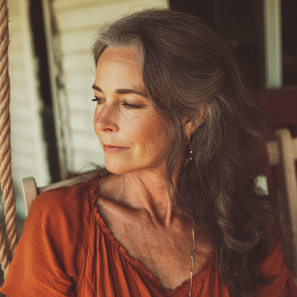 Eine Frau sitzt auf einer Veranda-Schaukel | Quelle: Midjourney