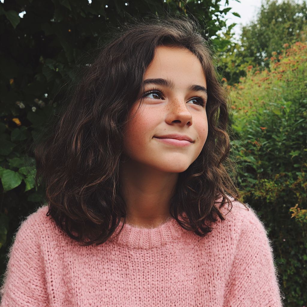 Ein lächelndes Mädchen, das einen rosa Pullover trägt | Quelle: Midjourney