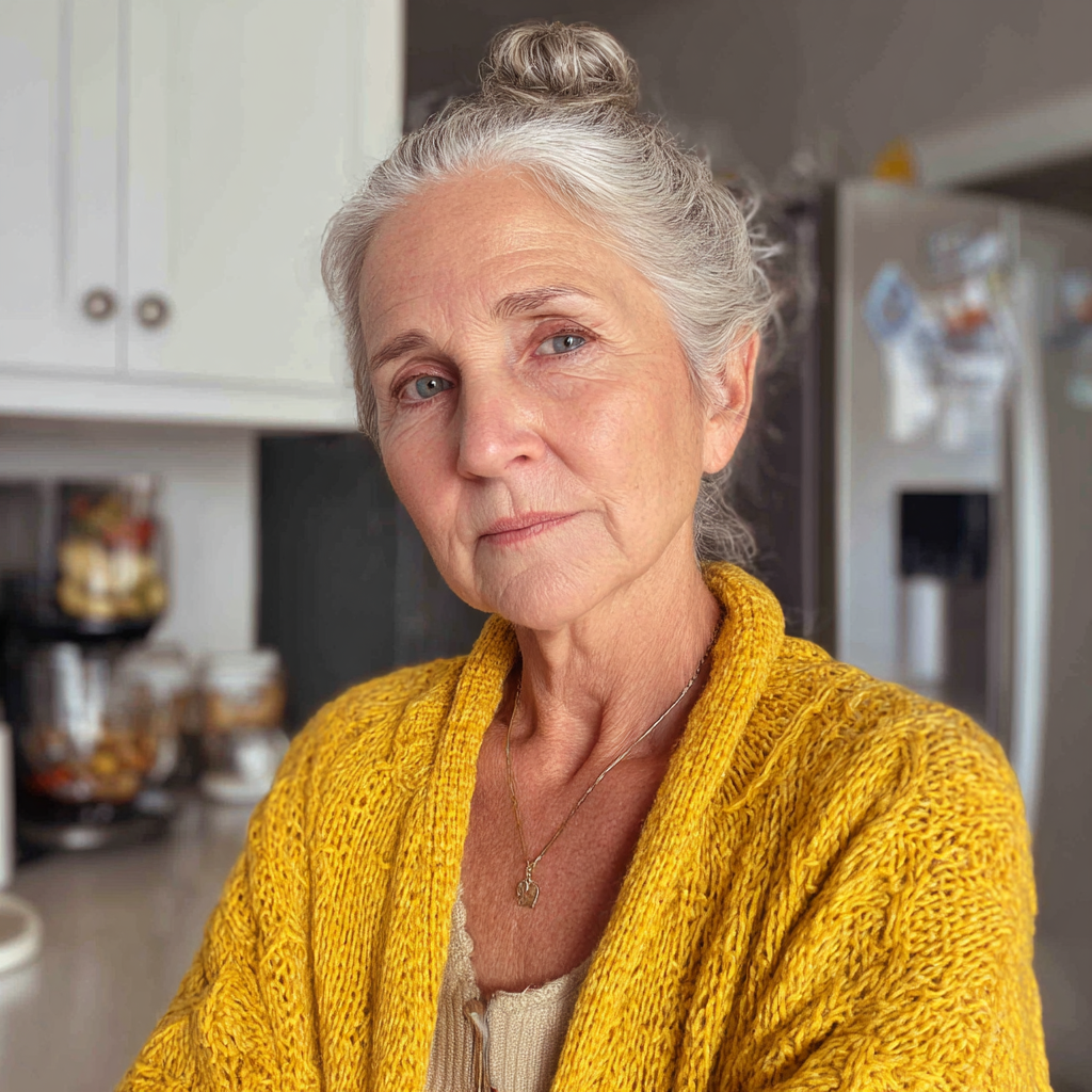Eine Oma, die eine gelbe Strickjacke trägt | Quelle: Midjourney
