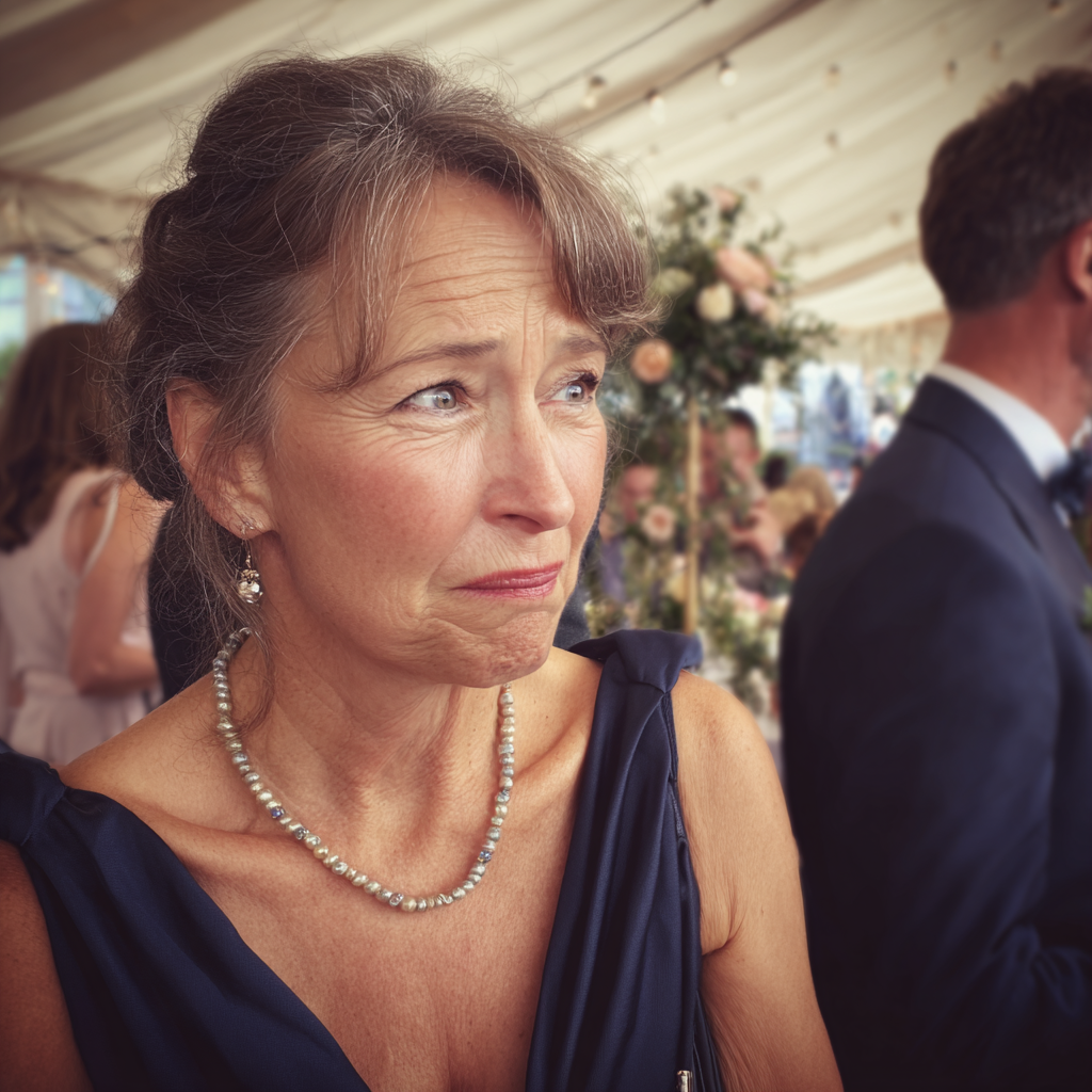Eine verlegene ältere Frau in einem marineblauen Kleid | Quelle: Midjourney
