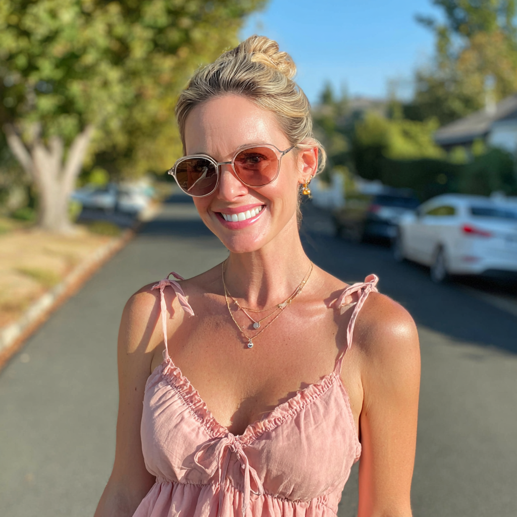 Eine lächelnde Frau mit Sonnenbrille | Quelle: Midjourney