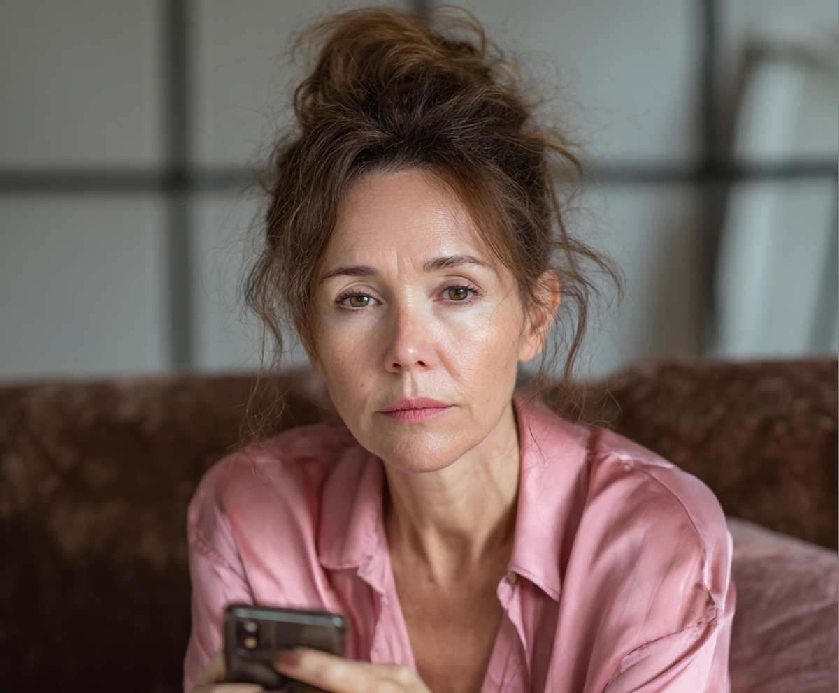 Eine Frau, die auf einer Couch sitzt und ihr Telefon in der Hand hält | Quelle: Midjourney