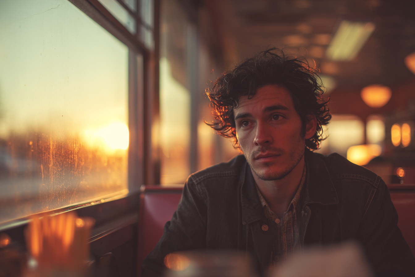 Ein Mann in einem Diner, der jemanden ansieht | Quelle: Midjourney
