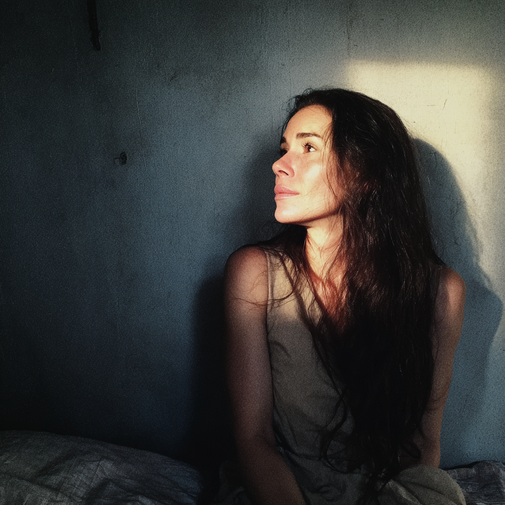 Eine emotionale Frau, die auf einem Bett sitzt | Quelle: Midjourney