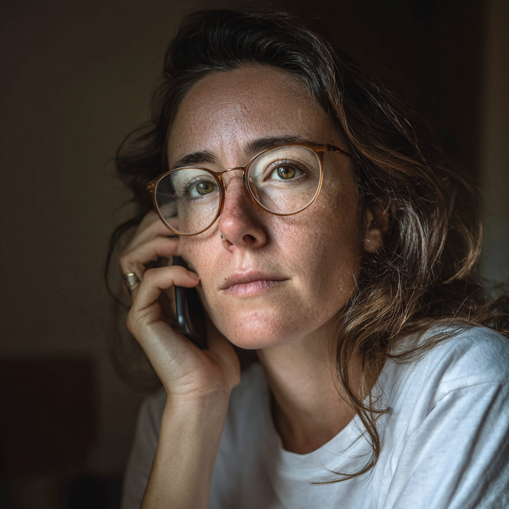 Eine nachdenkliche Frau, die am Telefon spricht | Quelle: Midjourney