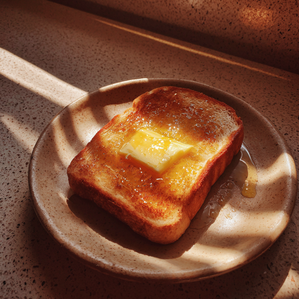 Eine Scheibe gebutterter Toast auf einem Tresen | Quelle: Midjourney