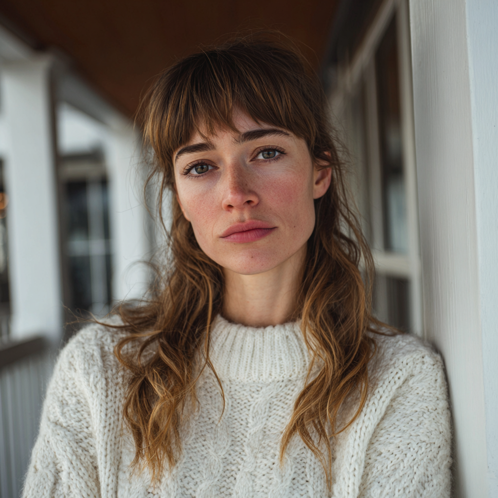 Eine nachdenkliche Frau, die auf einer Veranda steht | Quelle: Midjourney