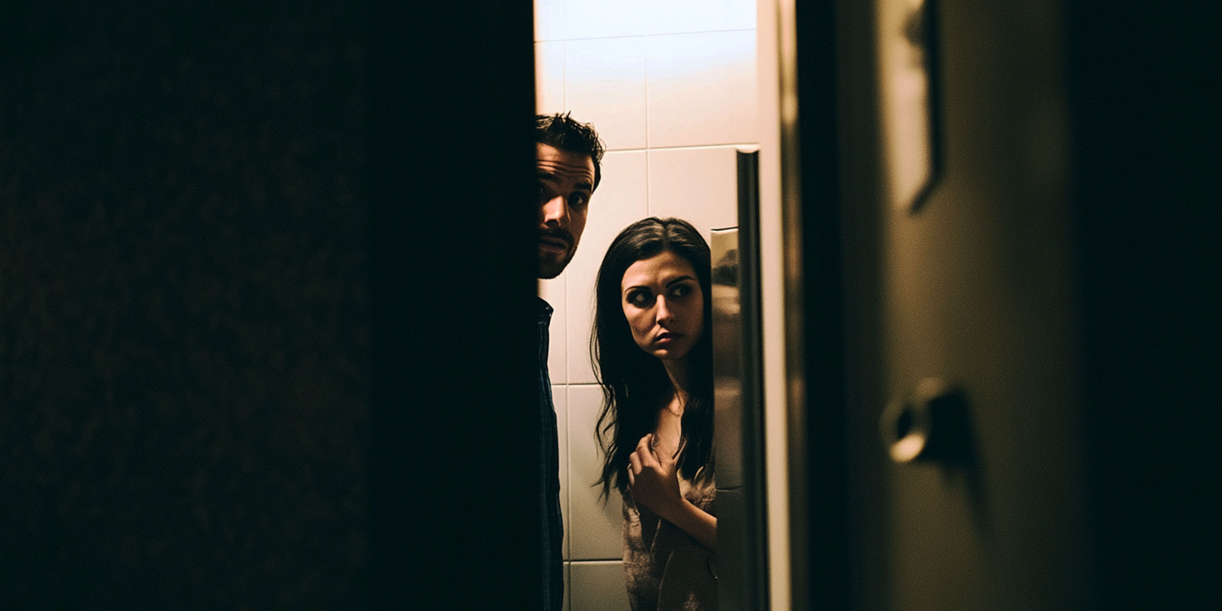 Pärchen versteckt sich in öffentlicher Toilette | Quelle: Midjourney