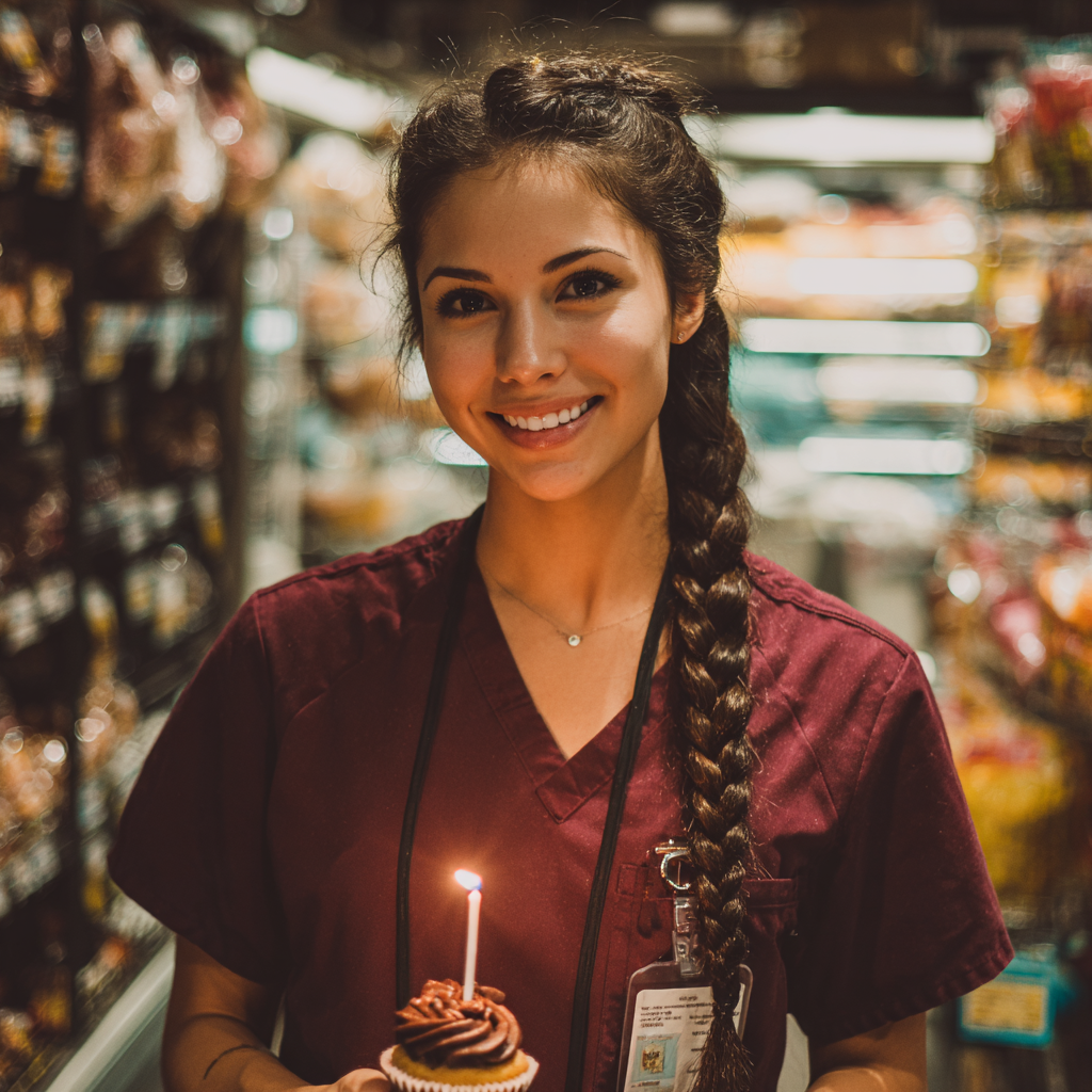 Eine lächelnde Frau, die einen Cupcake hält | Quelle: Midjourney