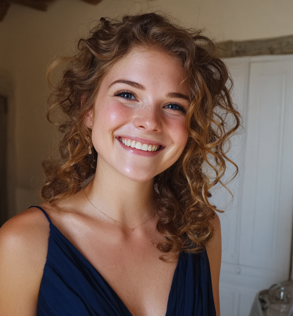 Eine lächelnde Frau in einem marineblauen Kleid | Quelle: Midjourney
