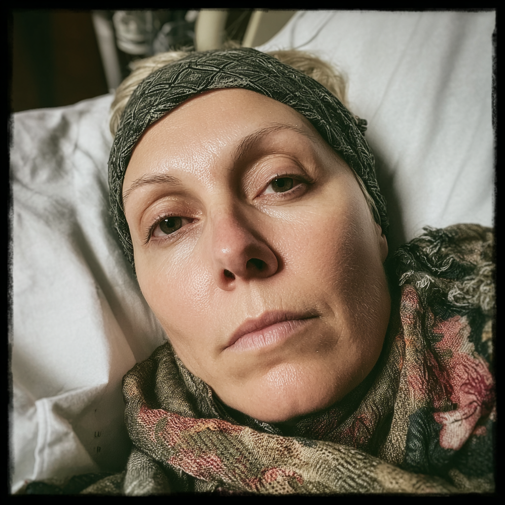 Eine Nahaufnahme einer Frau, die in einem Krankenhausbett liegt | Quelle: Midjourney