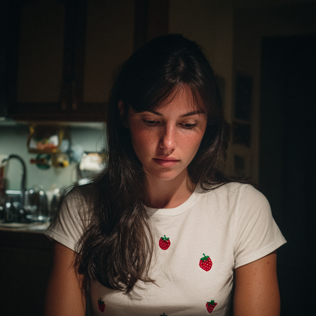 Eine emotionale Frau, die an einem Tisch sitzt | Quelle: Midjourney