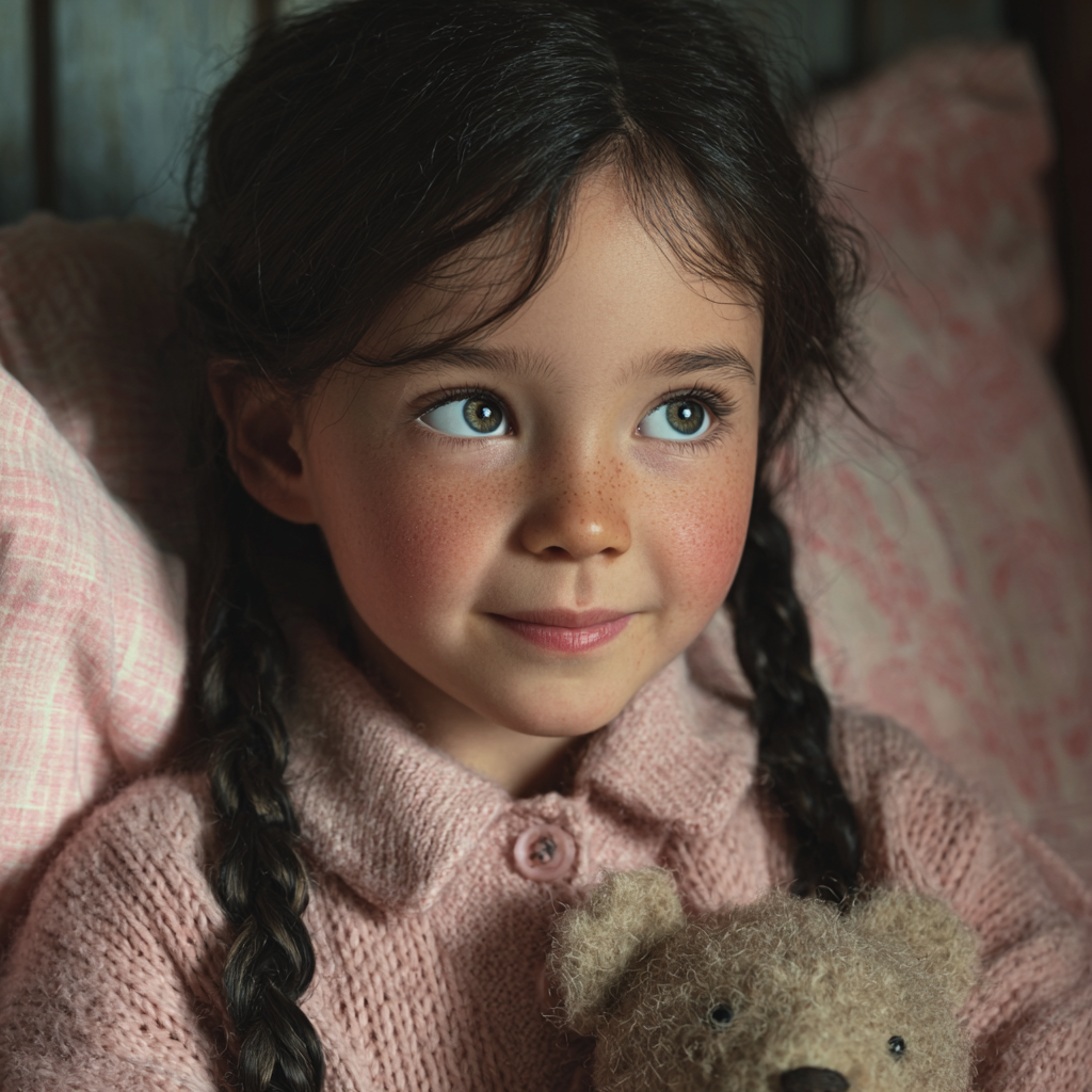 Ein lächelndes Mädchen hält ihren Teddybär | Quelle: Midjourney