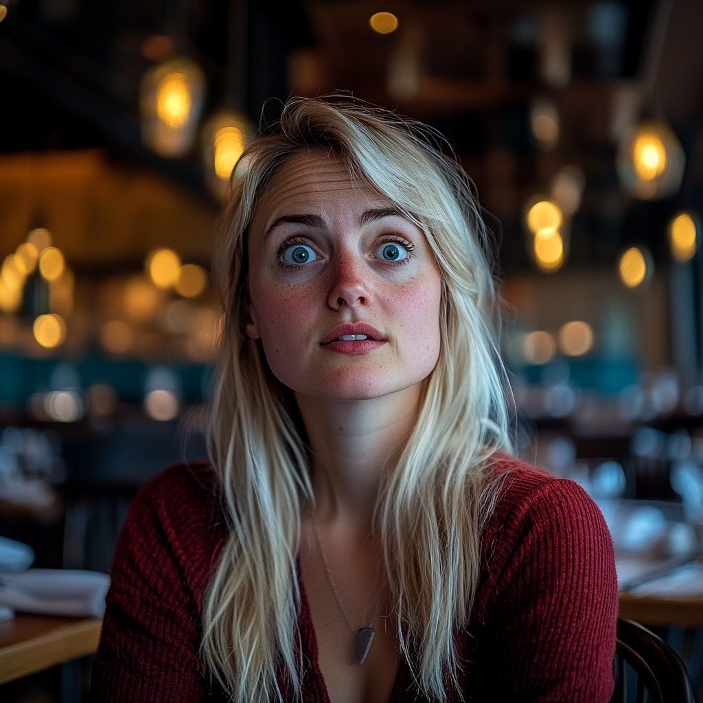 Eine fassungslose Frau sitzt in einem gehobenen Restaurant | Quelle: Midjourney