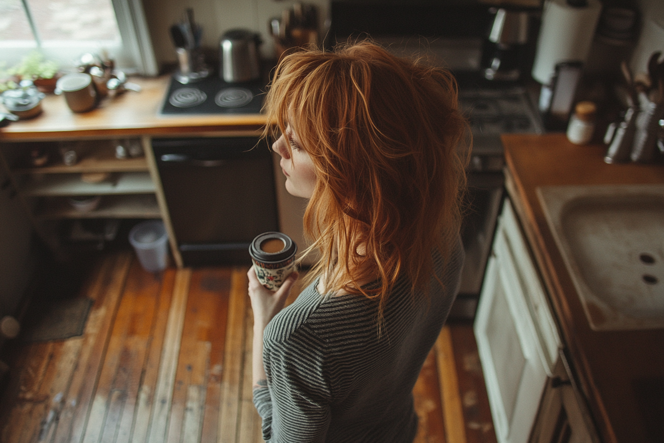 Frau beim Kaffee trinken in ihrer Küche | Quelle: Midjourney