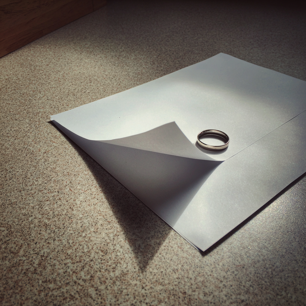 Ein gefaltetes Stück Papier und ein Ehering auf einem Tresen | Quelle: Midjourney