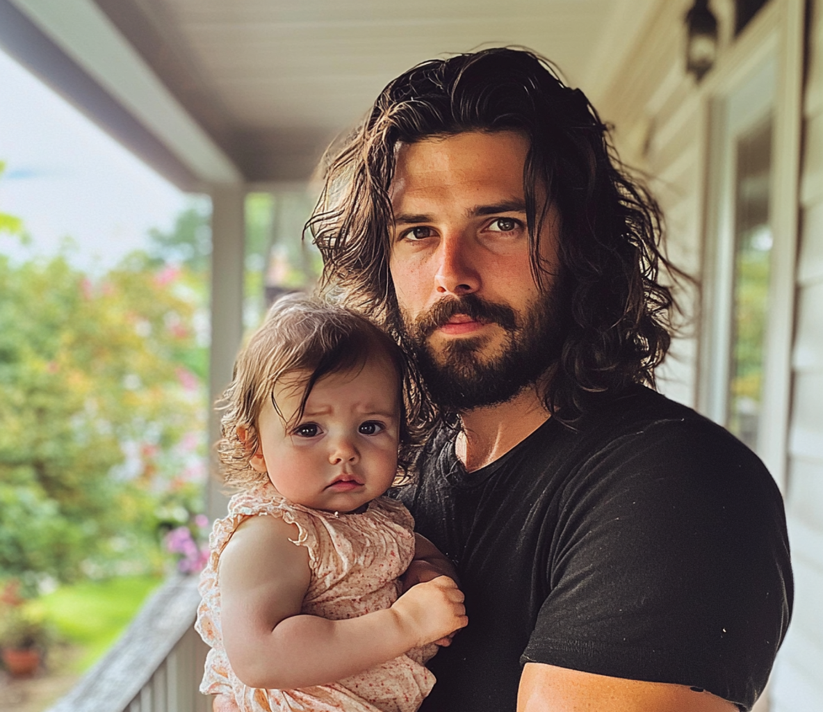 Ein Mann steht auf einer Veranda mit einem Baby | Quelle: Midjourney