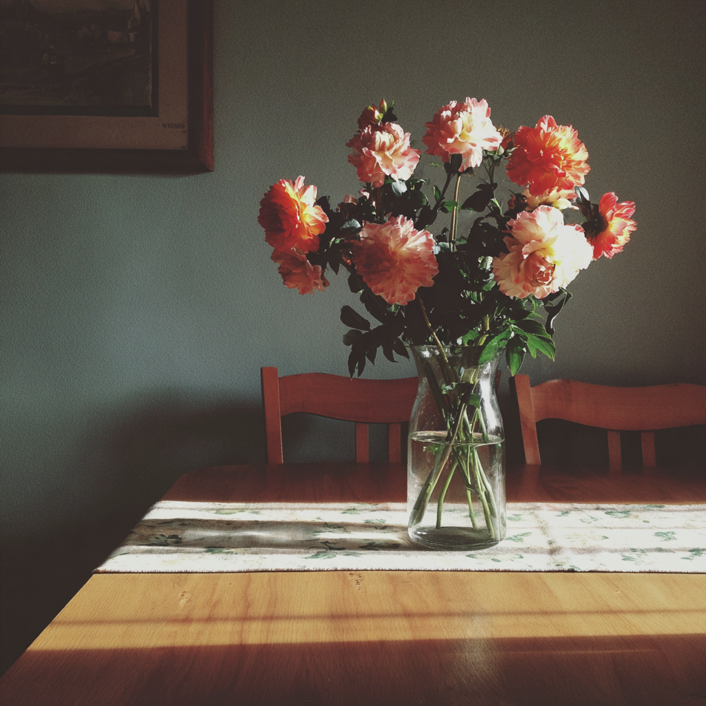 Eine Vase mit Blumen auf einem Tisch | Quelle: Midjourney