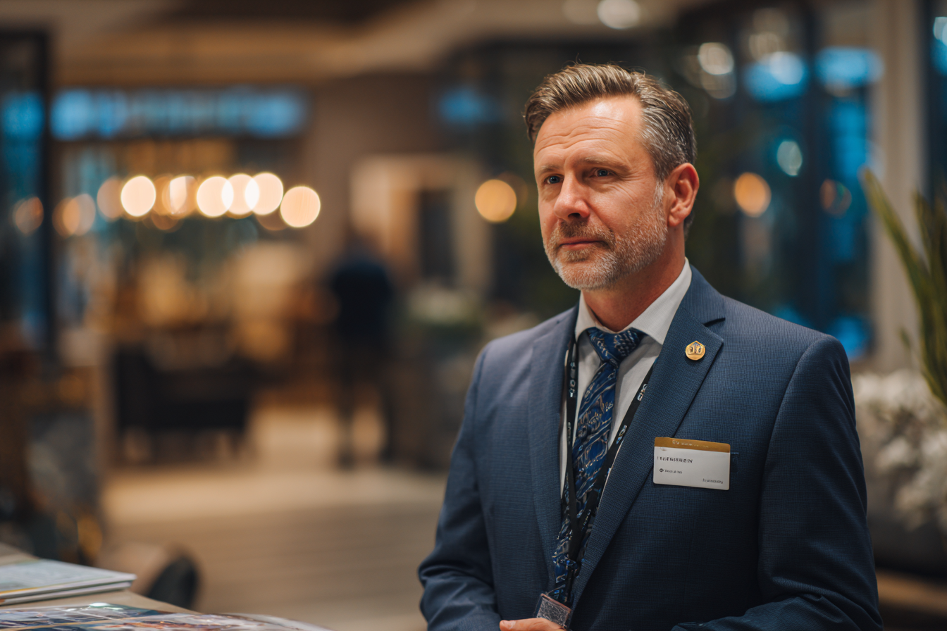 Ein Manager steht in einer Hotellobby | Quelle: Midjourney