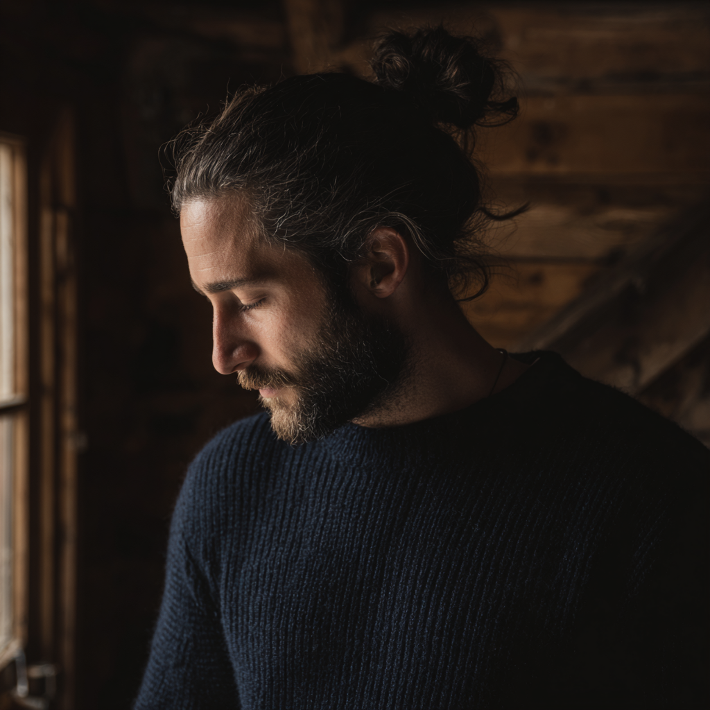 Ein Mann, der einen marineblauen Pullover trägt und in einer Kabine steht | Quelle: Midjourney