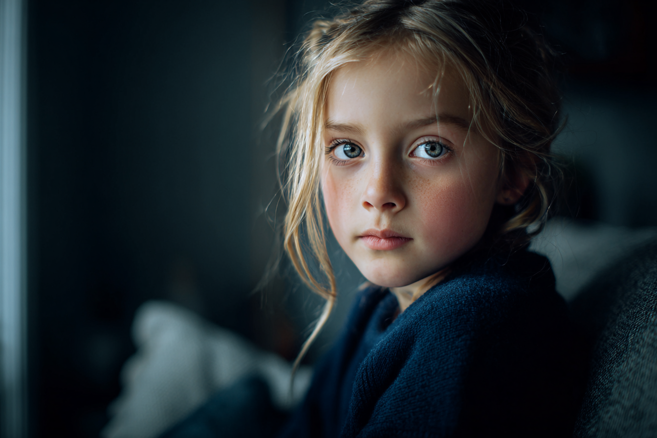 Ein kleines Mädchen sitzt auf einer Couch | Quelle: Midjourney