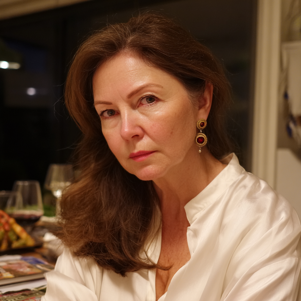 Eine unbeeindruckte Frau, die an einem Esstisch sitzt | Quelle: Midjourney