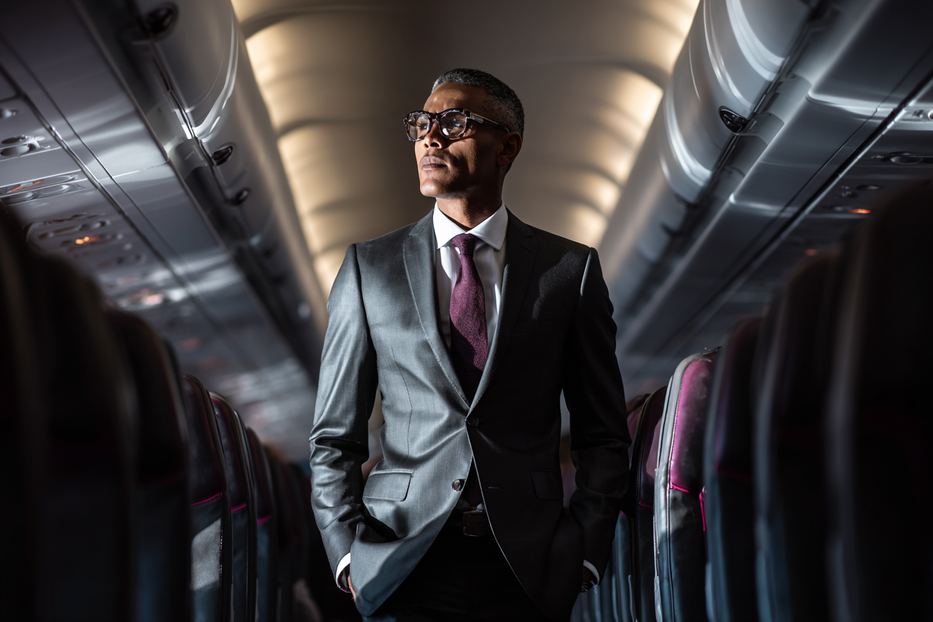 Ein Mann, der in einem Flugzeug steht | Quelle: Midjourney
