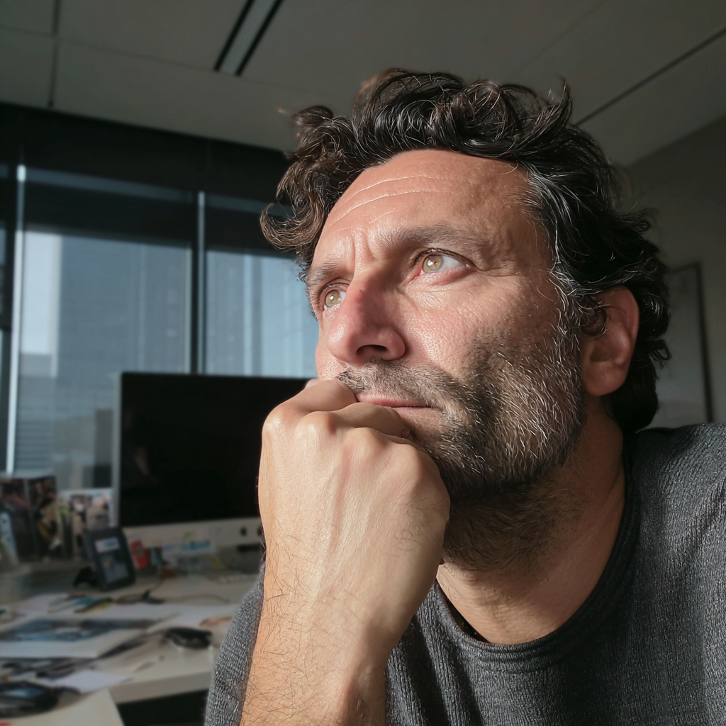 Ein nachdenklicher Mann sitzt in einem Büro | Quelle: Midjourney