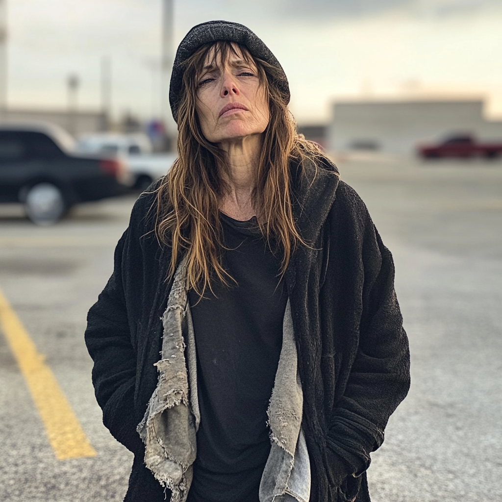 Eine obdachlose Frau auf einem Parkplatz | Quelle: Midjourney
