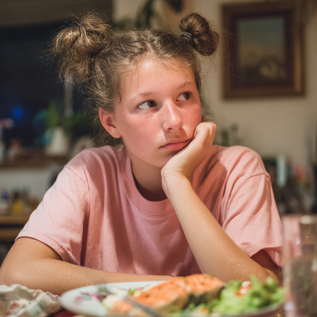 Ein Mädchen sitzt am Esstisch | Quelle: Midjourney