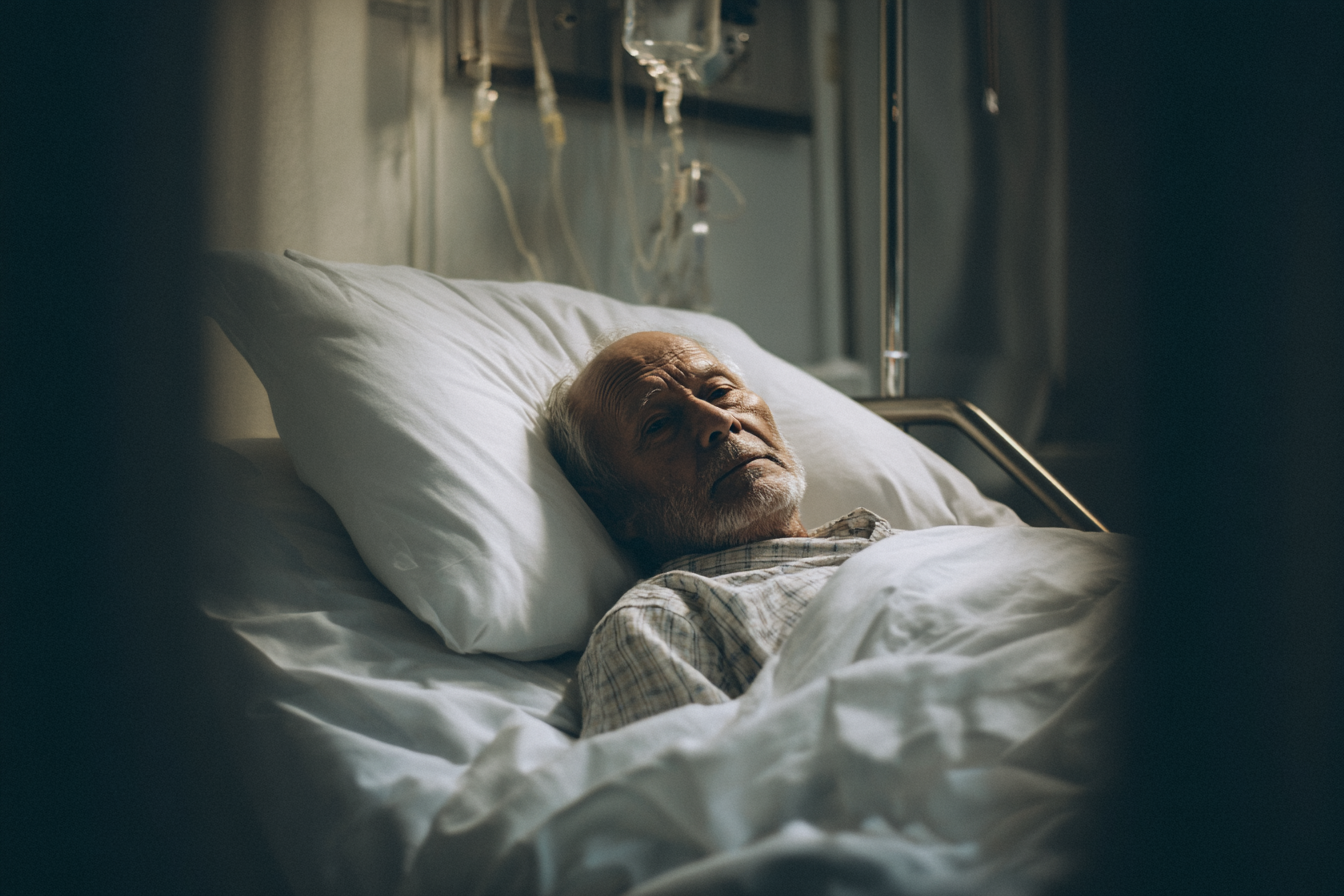 Ein Mann in einem Krankenhausbett | Quelle: Midjourney