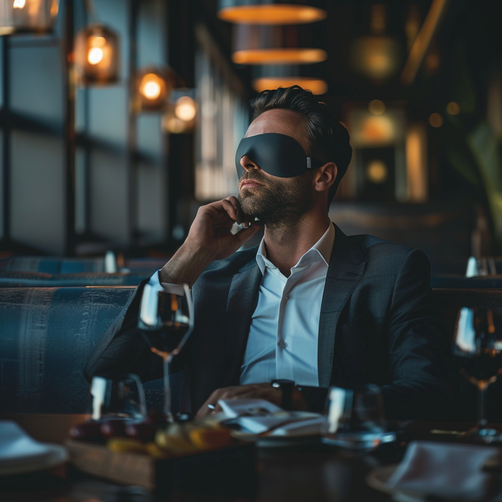 Dylan in einem Restaurant mit Augenmaske | Quelle: Midjourney
