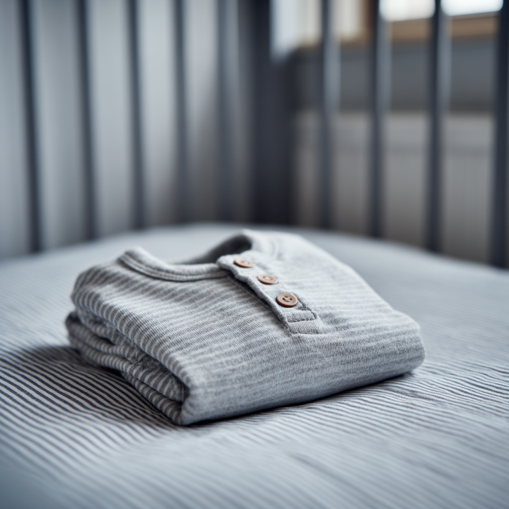 Ein Strampler für einen kleinen Jungen liegt ordentlich gefaltet in einem Kinderbett: Midjourney