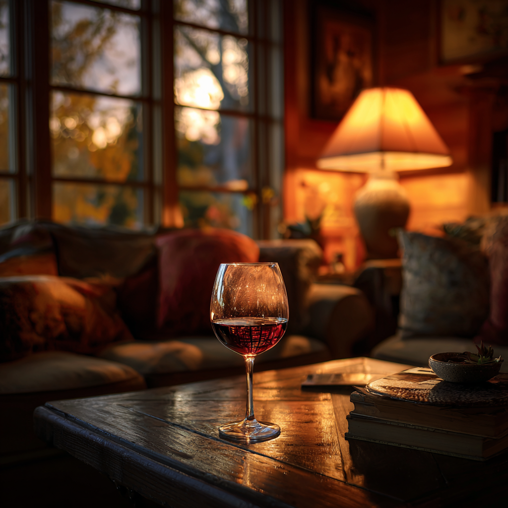 Ein Glas Wein auf einem Couchtisch | Quelle: Midjourney