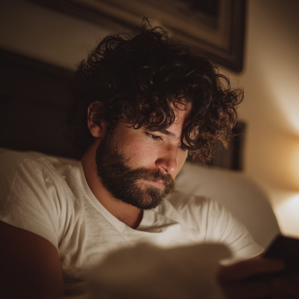 Ein Mann sitzt im Bett und benutzt sein Handy | Quelle: Midjourney